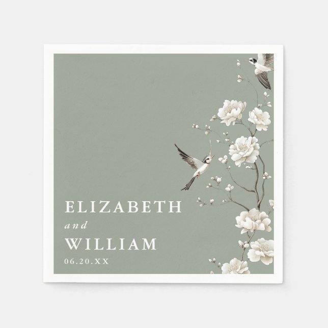 Serviette En Papier Sage Green Elegant Chinoiserie Floral Mariage (Devant)