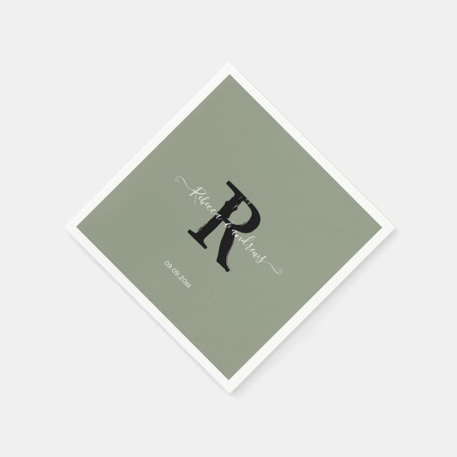 Serviette En Papier Sage Green Elegant Monogramme Script Mariage initi (Coin)