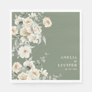 Serviette En Papier Sage Green et ivoire Floral Monogram Crest Mariage
