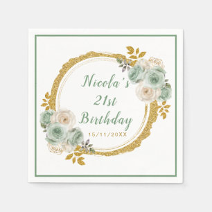 Serviette En Papier Sage Green et or Fleurs élégantes Fête d'anniversa
