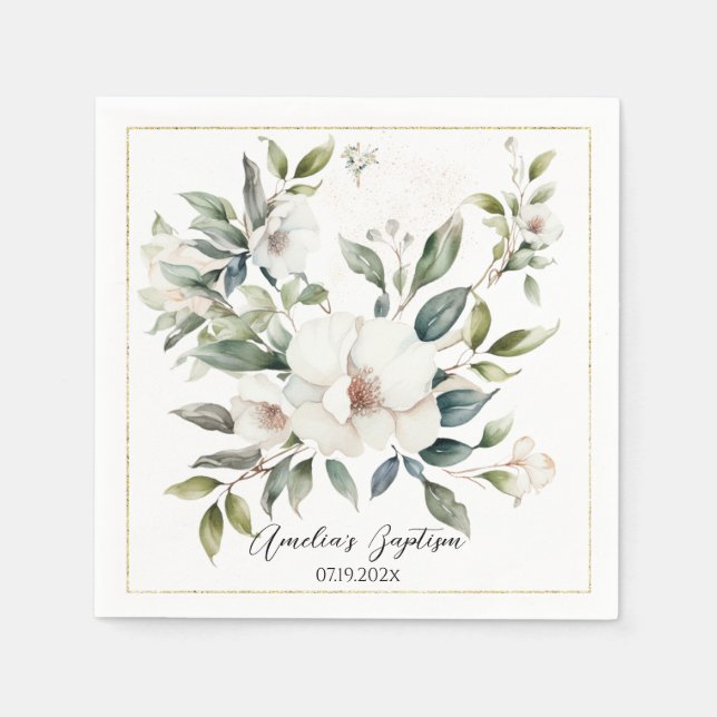 Serviette En Papier Sage Green Floral Baptême (Devant)