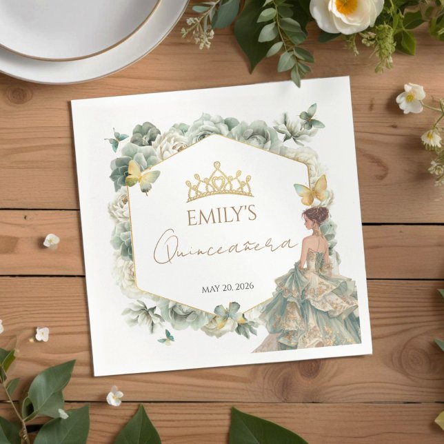 Serviette En Papier Sage Green Floral Butterfly Tiara Quinceañera (Créateur téléchargé)