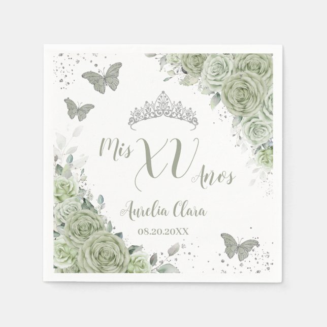 Serviette En Papier Sage Green Floral Quinceanera Papillons d'annivers (Devant)
