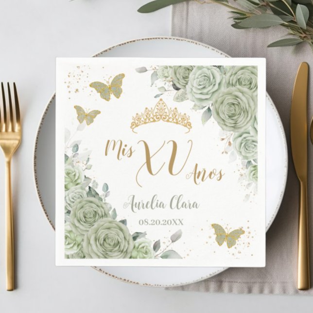 Serviette En Papier Sage Green Floral Quinceanera Papillons d'annivers (Créateur téléchargé)