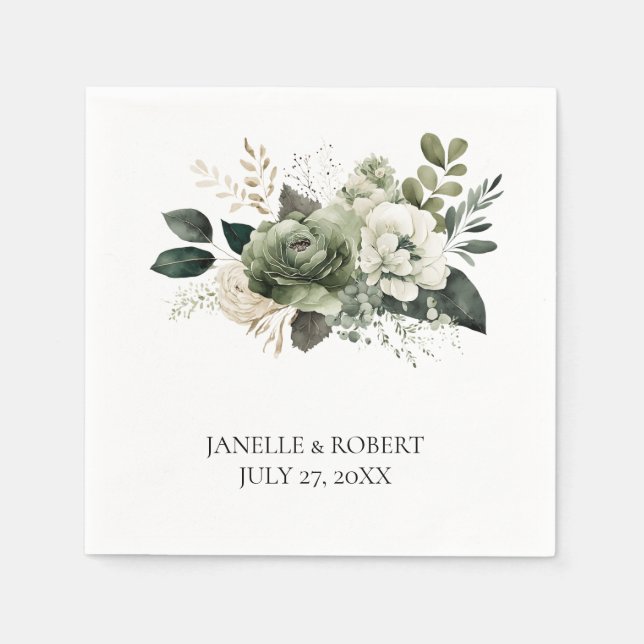 Serviette En Papier Sage Green Floral Wedding | (Devant)