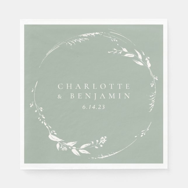 Serviette En Papier Sage Green Floral Wreath Monogramme personnalisé (Devant)