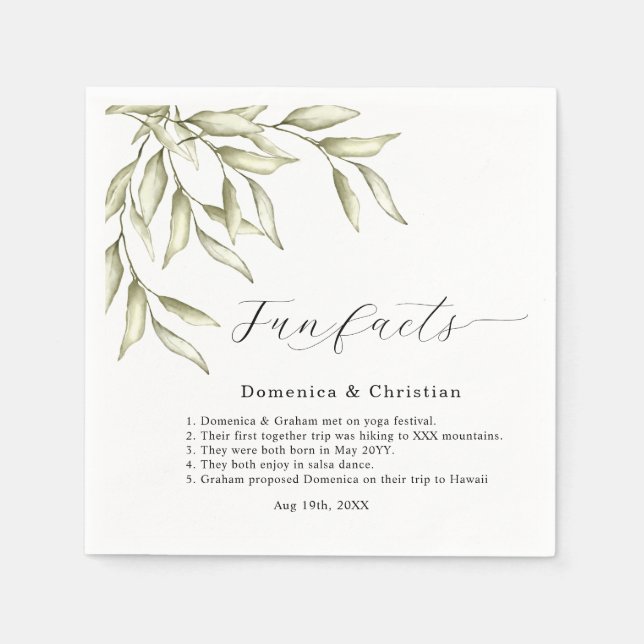 Serviette En Papier Sage Green Foliing Mariage Fun Facts Napkins (Devant)