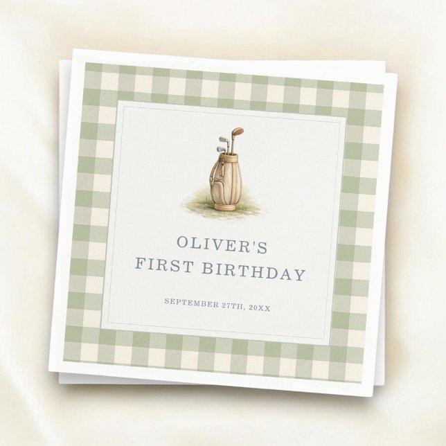 Serviette En Papier Sage Green Gingham Golf First Birthday Party (Créateur téléchargé)