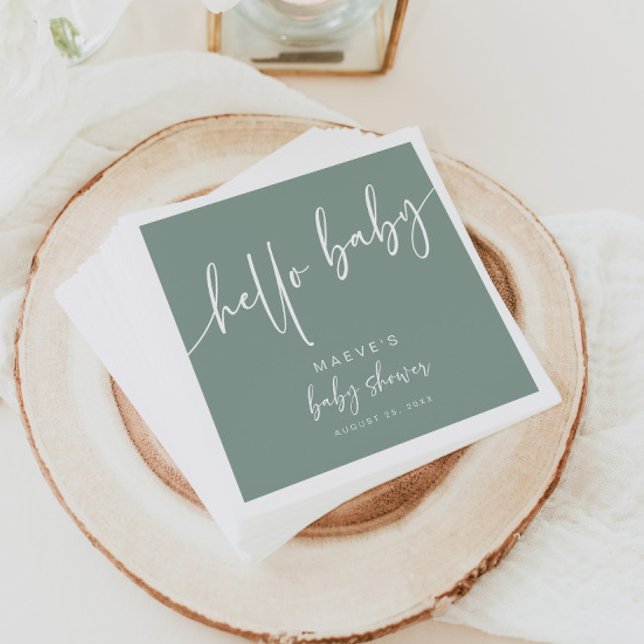 Serviette En Papier Sage Green Hello Baby shower Papier Napkins Modern (Créateur téléchargé)
