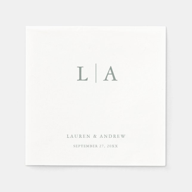 Serviette En Papier Sage Green Monogramme Élégant Mariage simple (Devant)