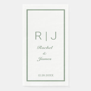 Serviette En Papier Sage Green Nom Monogramme Élégant Mariage minimal