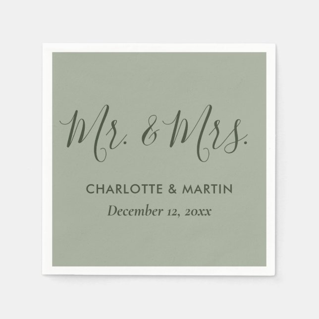 Serviette En Papier Sage Green personnalisé M. et Mme la Mariage (Devant)
