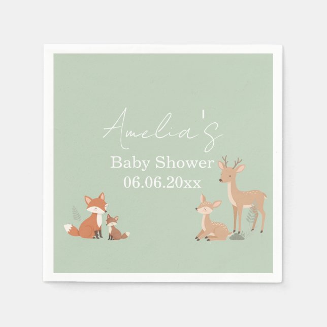 Serviette En Papier Sage Green Woodland Animal Baby Shower  (Devant)