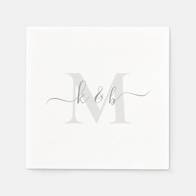 Serviette En Papier Sage & Grey Monogramme Écriture Fléchée Blanche Co (Devant)