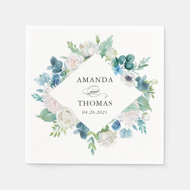 Serviette En Papier Sage Vert Bleu Blanc Pastel Floral Mariage (Devant)