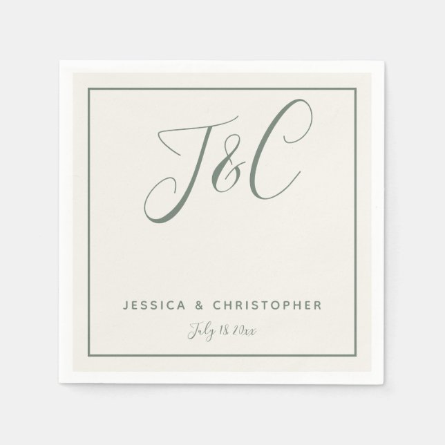 Serviette En Papier Sage Vert Élégant Monogramme Minimaliste Initiales (Devant)