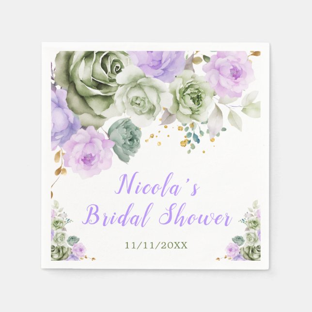 Serviette En Papier Sage Vert et Floral Violet Baby Shower (Devant)