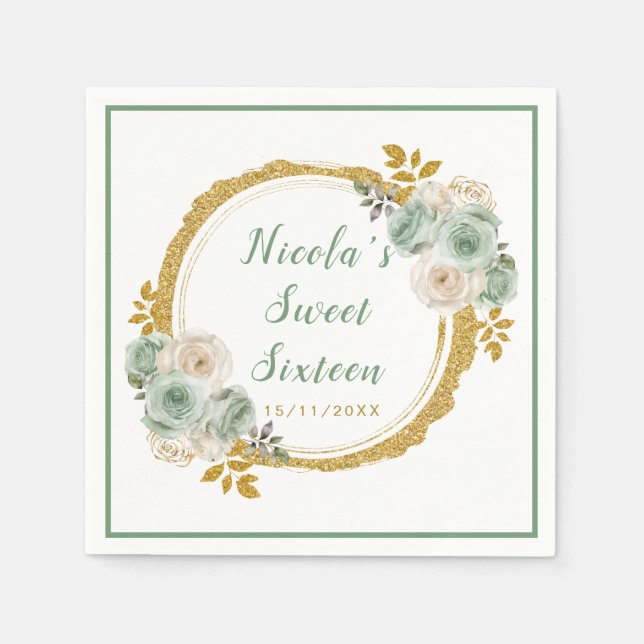 Serviette En Papier Sage Vert et or Elegant Fleurs Sweet sixteen (Devant)