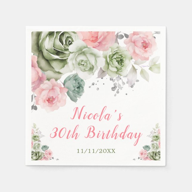 Serviette En Papier Sage Vert et rose Floral Anniversaire (Devant)