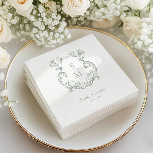 Serviette En Papier Sage Vert Vintage Baroque Monogram Crest Mariage