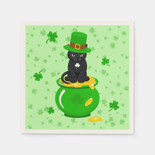 Serviette En Papier Saint Patrick's Day Shamrock Pot of Gold Black Cat (Devant)