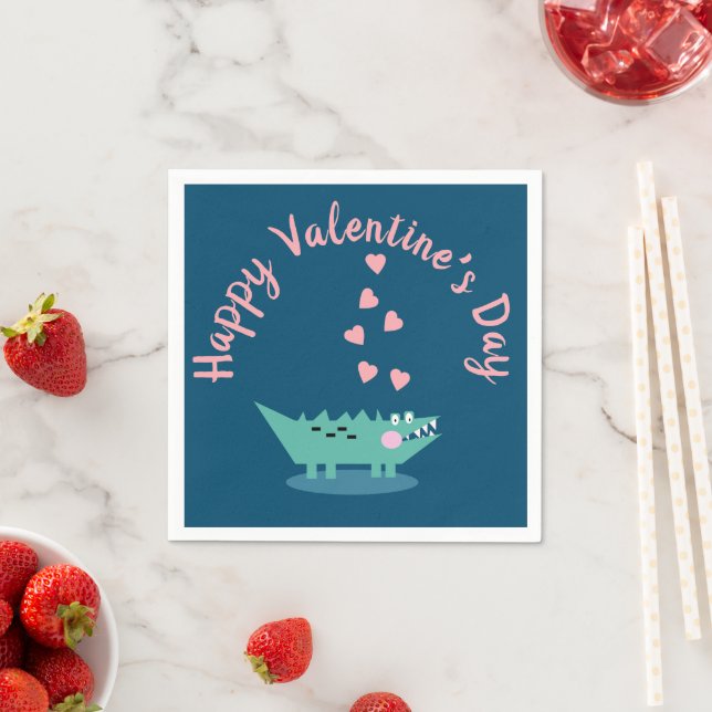 Serviette En Papier Saint-Valentin Alligator  Cœurs Rose  (En situation)