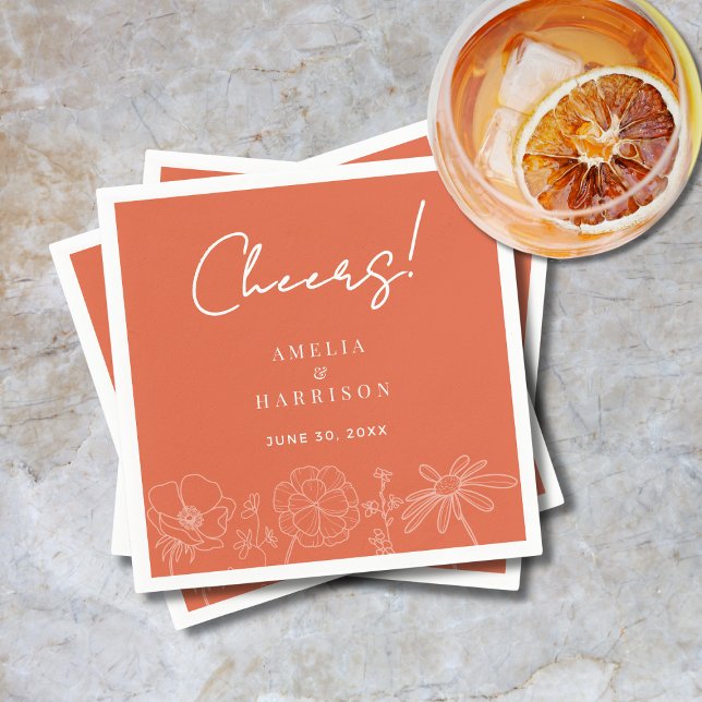 Serviette En Papier Salaire Verona Sunset Elégant Mariage Floral Orang (Cheers Verona Sunset Elegant Orange Floral Wedding Cocktail Napkin with Couple Names, Wedding Date.)