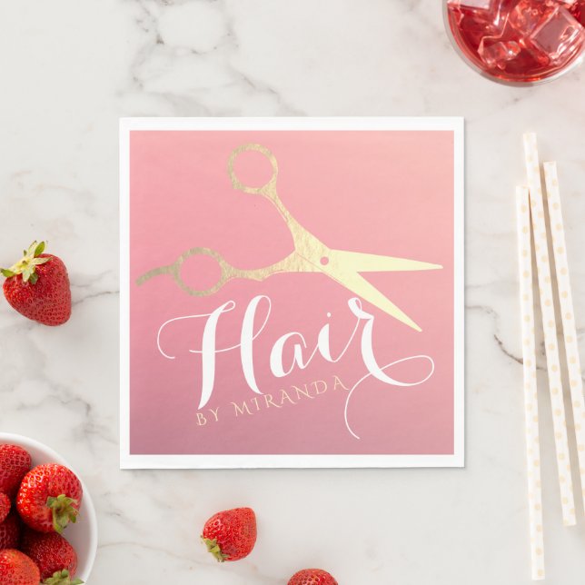 Serviette En Papier Salon de maquillage moderne ciseaux d'or rose (En situation)