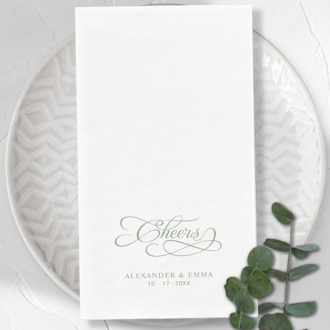 Serviette En Papier Salue Élégante Mariage Sage Green Calligraphie (Cheers Elegant Wedding Sage Green Calligraphy Paper Guest Towels)