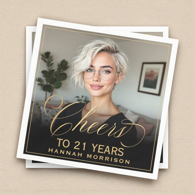 Serviette En Papier Salutations à 21 ans Anniversaire Photo Gold Black (Créateur téléchargé)