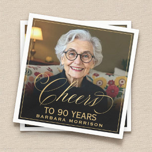 Serviette En Papier Salutations à 90 ans Anniversaire Photo Gold Noir