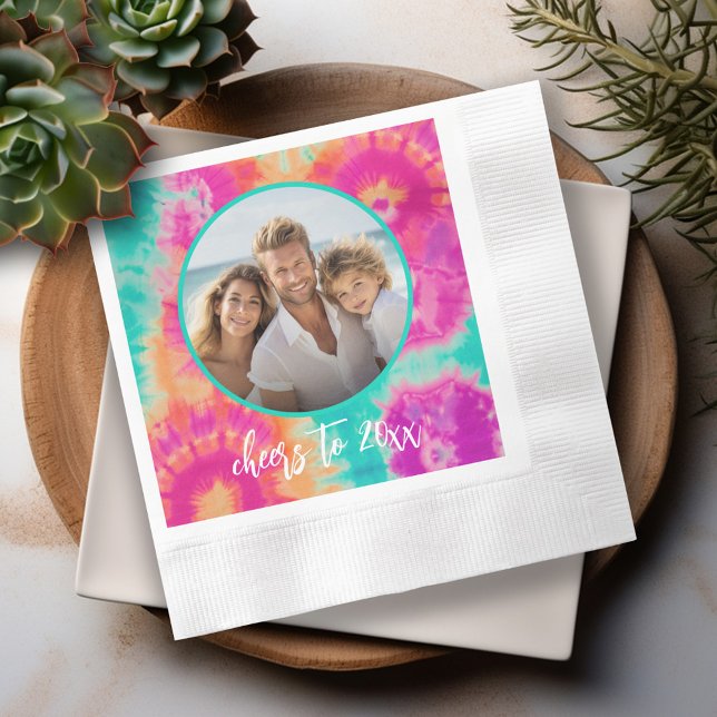 Serviette En Papier Salutations au Nouvel An Cravate-Dye Photo Turquoi (Personalized Photo Party Napkins)