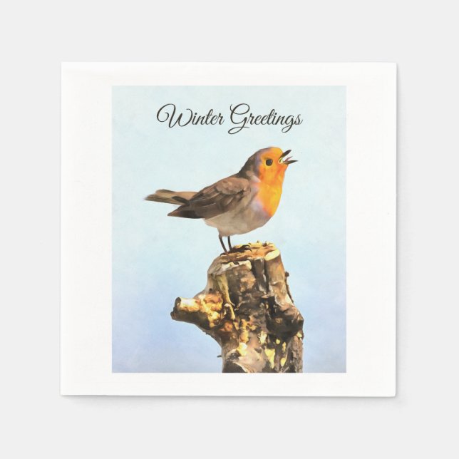 Serviette En Papier Salutations d'hiver. Rouge-gorge chantant  (Devant)