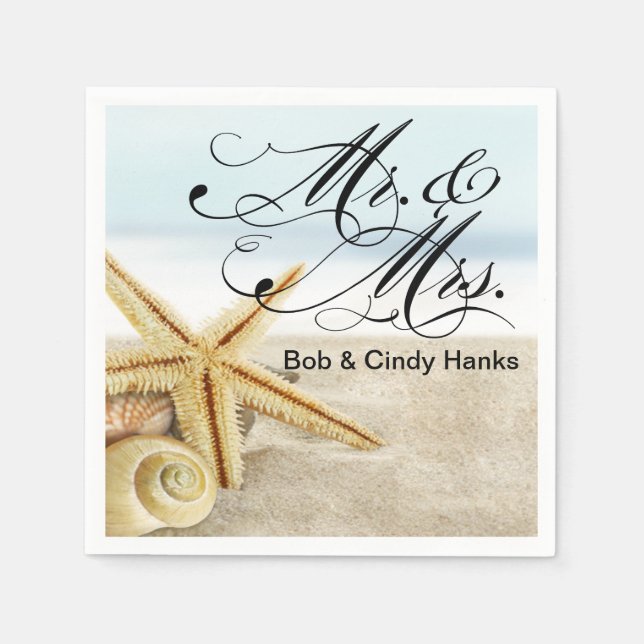 Serviette En Papier Sandy Beach Starfish Seashells Mr & Mrs. (Devant)