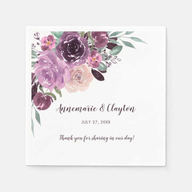 Serviette En Papier Sangria Purple Mauve Aquarelle Florale Réception | (Devant)