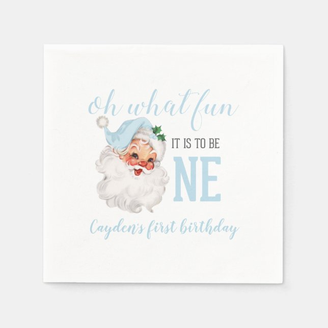 Serviette En Papier Santa Bleu pour Premier Anniversaire de Noël (Devant)