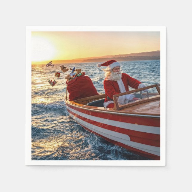 Serviette En Papier Santa Claus Driving a Speedboat (Devant)