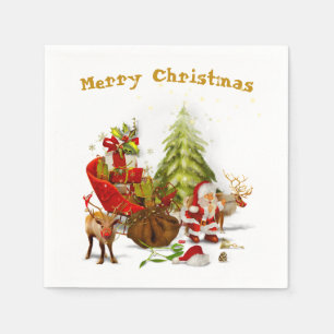 Serviette En Papier Santa Clause avec sa Sleigh et ses Reindeers