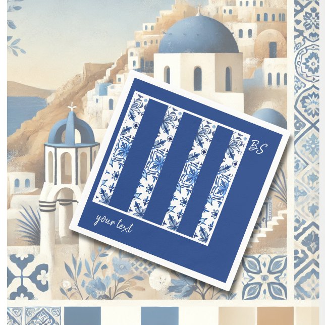 Serviette En Papier Santorini Bleu et blanc Mariage méditerranéen (Créateur téléchargé)