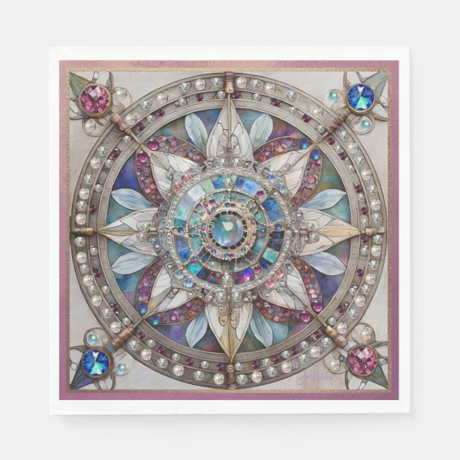 Serviette En Papier Saphirs roses et bleus Diamants Perles Mandala (Devant)