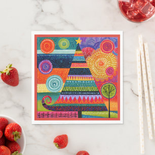 Serviette En Papier Sapin de Noël abstrait, Art populaire coloré,