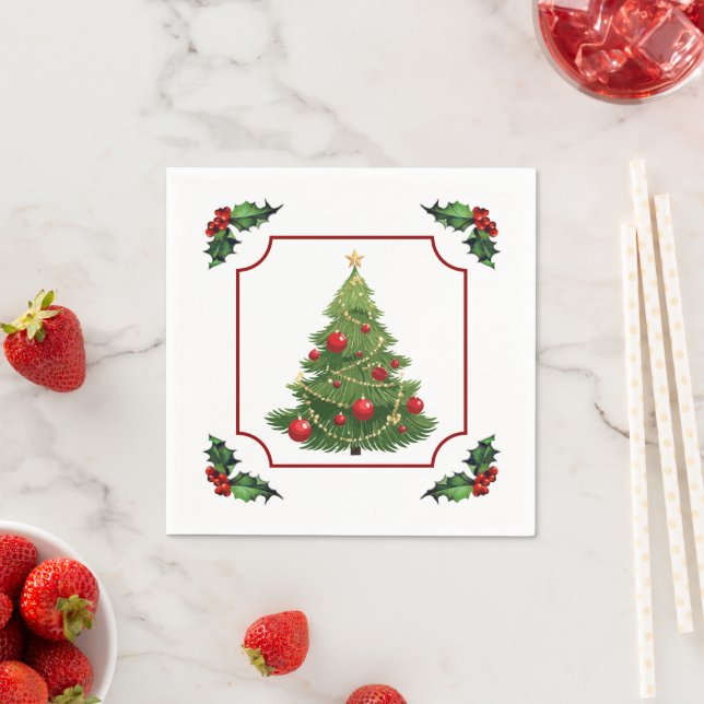 Serviette En Papier Sapin de Noël avec houx (En situation)