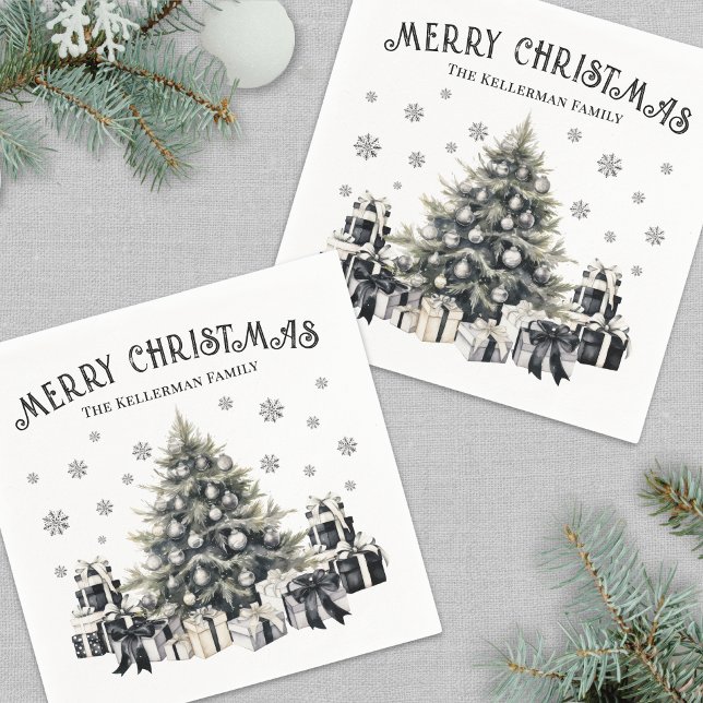 Serviette En Papier Sapin de Noël Élégant Noir Blanc (Black White Elegant Christmas Tree Napkins)