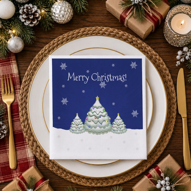 Serviette en papier Sapin de Noël enneigé bleu (Blue Snowy Christmas Tree Paper Napkins)