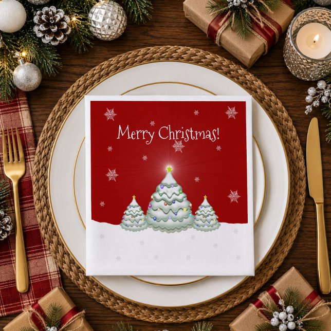 Serviette en papier Sapin de Noël enneigé rouge (Red Snowy Christmas Tree Paper Napkins)