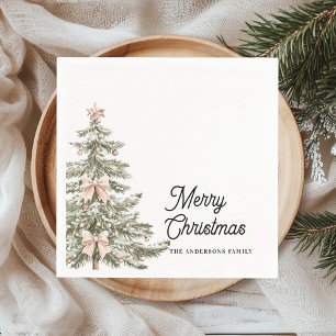 Serviette En Papier Sapin de Noël personnalisé avec ruban rose aquarel