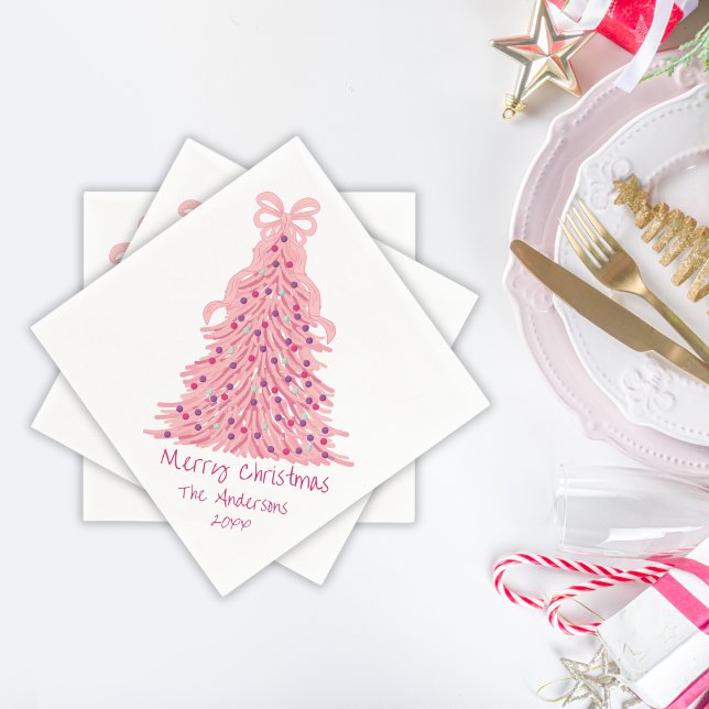 Serviette En Papier Sapin de Noël Rose Ruban Rose (Créateur téléchargé)