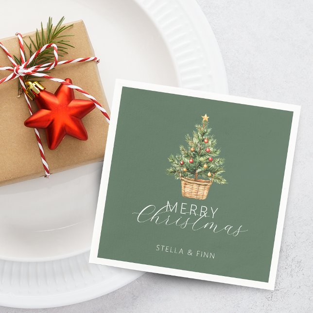 Serviette En Papier Sapin de Noël rustique dans un panier vert poussié (Rustic Christmas Tree In Basket Dusty Green Napkins)