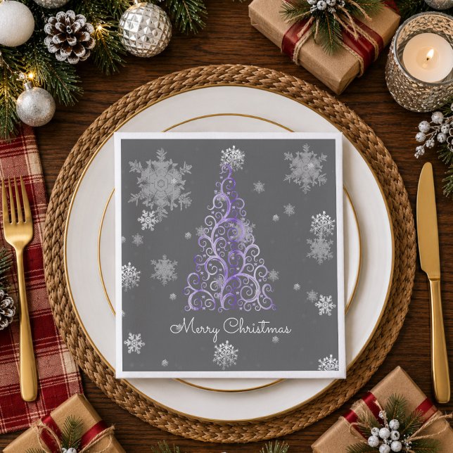 Serviette en papier Sapin de Noël violet et flocon (Purple Christmas Tree and Snowflakes Paper Napkins)