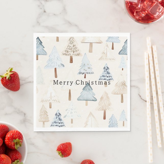 Serviette En Papier Sapins de Noël Bleus Crème Beige (En situation)
